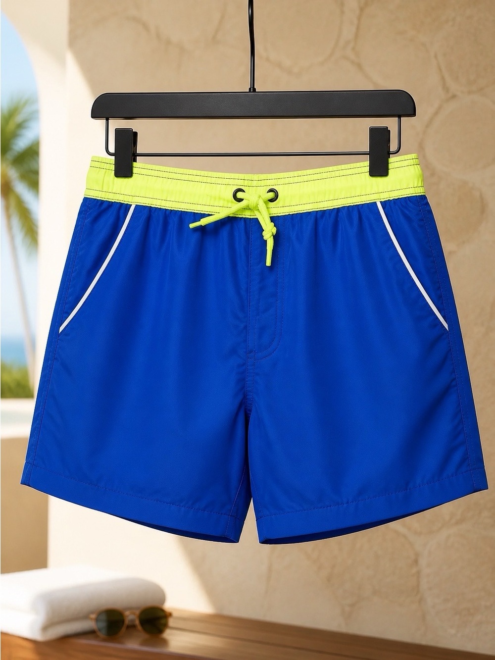 BLUE WITH LIME GREEN MENS BATHING TRUNKS LINED WITH POCKETS SIXE 2XL